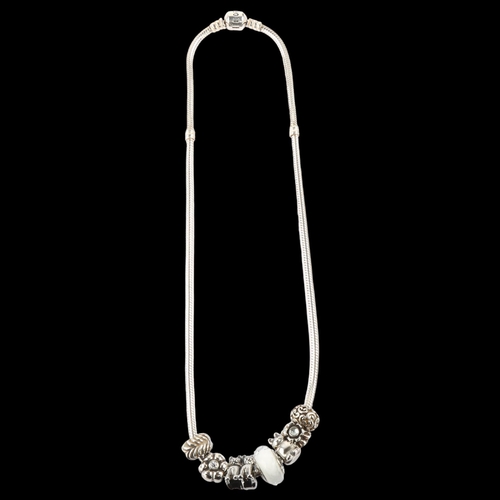 1396 - PANDORA - a sterling silver snake link charm necklace, with 7 silver charms, length 40cm, 53.3g, box... 