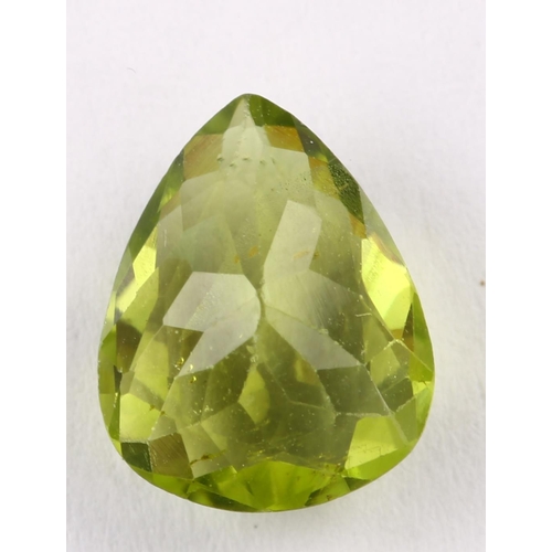 1401 - A 2.03ct unmounted pear-cut peridot, 9.78 x 7.86 x 4.03mm, with GFCO Gemlab report