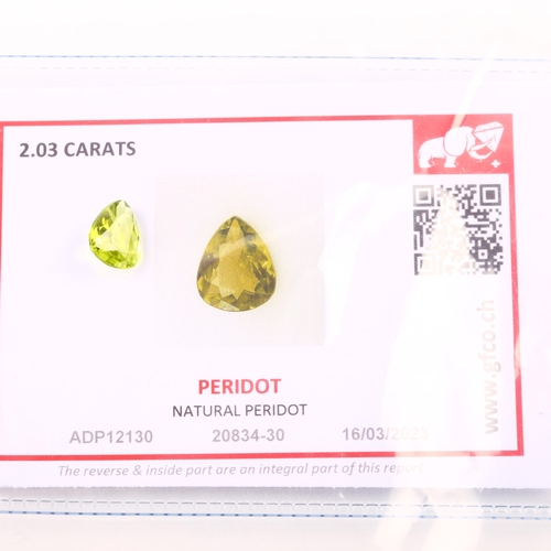 1401 - A 2.03ct unmounted pear-cut peridot, 9.78 x 7.86 x 4.03mm, with GFCO Gemlab report