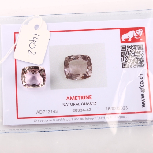 1402 - A 7.85ct unmounted cushion-cut ametrine, 12.35 x 11.37 x 8.08mm, with GFCO Gemlab report card