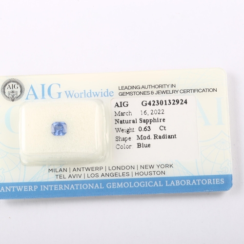 1404 - A 0.63ct unmounted modified radiant-cut sapphire, 4.82 x 4.44 x 3.10mm, with AIG report card