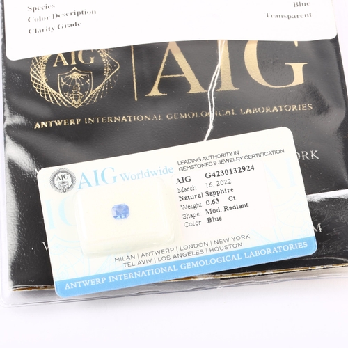 1404 - A 0.63ct unmounted modified radiant-cut sapphire, 4.82 x 4.44 x 3.10mm, with AIG report card