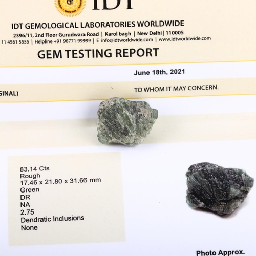 1406 - An 83.14ct emerald rough, 17.46 x 21.80 x 31.66mm, with IDT gemstone report