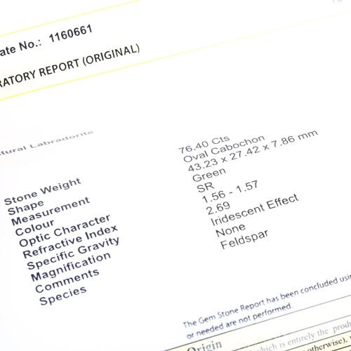 1408 - A 76.40ct unmounted oval cabochon labradorite, 43.23 x 27.42 x 7.86mm, with IDT gemstone report