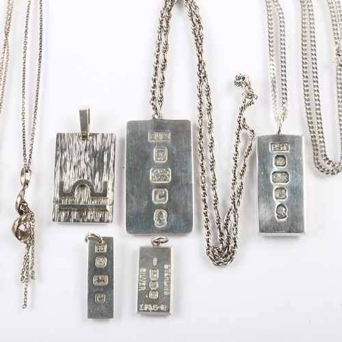 1412 - 6 silver pendant necklaces, including ingot and Links of London examples, largest height 49mm, 90.4g... 