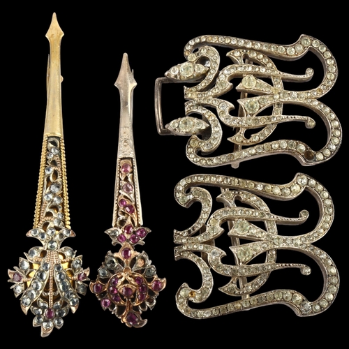 1414 - 2 Victorian silver-gilt ruby and paste turban pins, Ceylon, length 93.3mm, and a Victorian paste buc... 