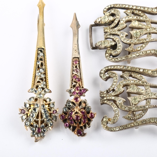 1414 - 2 Victorian silver-gilt ruby and paste turban pins, Ceylon, length 93.3mm, and a Victorian paste buc... 