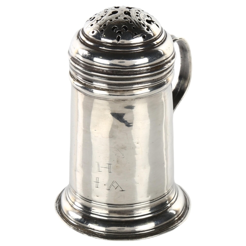 1450 - *WITHDRAWN* A Charles II silver tankard pounce pot, scrolled handle with engraved and pierced cover,... 