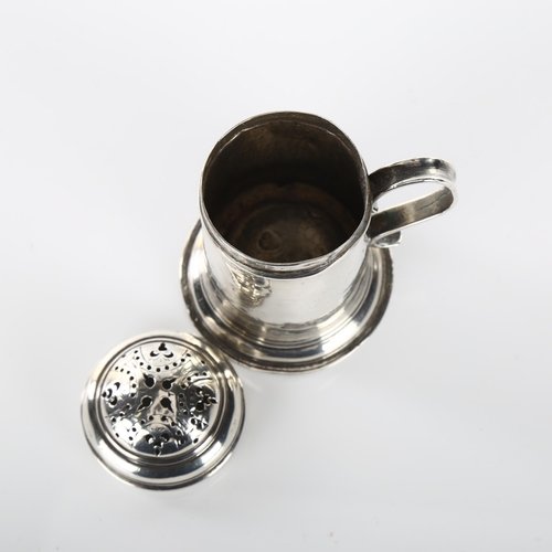 1450 - *WITHDRAWN* A Charles II silver tankard pounce pot, scrolled handle with engraved and pierced cover,... 