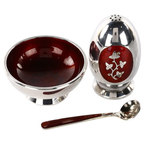 1460 - MEKA - a Danish modernist sterling silver and red enamel cruet set, comprising egg-shaped pepperette... 