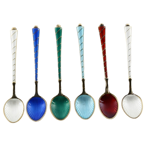 1472 - EGON LAURIDSEN - a set of 6 Danish vermeil sterling silver and harlequin enamel coffee spoons, with ... 