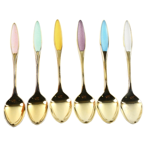 1473 - FRIGAST - a set of 6 Danish vermeil sterling silver and harlequin enamel coffee spoons, length 9.5cm