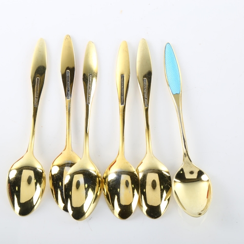 1474 - FRIGAST - a set of 6 Danish vermeil sterling silver and harlequin enamel coffee spoons, length 9.5cm