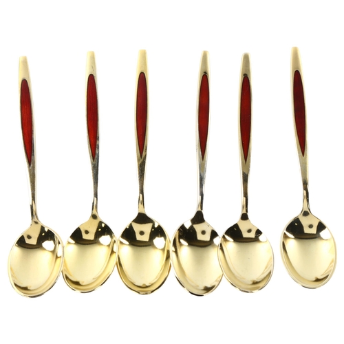 1476 - MEKA - a set of 6 Danish vermeil sterling silver and red enamel coffee spoons, length 9cm