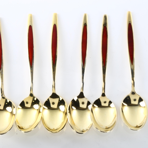 1476 - MEKA - a set of 6 Danish vermeil sterling silver and red enamel coffee spoons, length 9cm