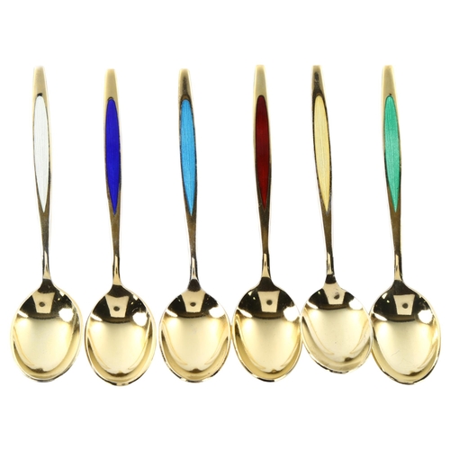 1477 - MEKA - a set of 6 Danish vermeil sterling silver and harlequin enamel coffee spoons, length 9cm