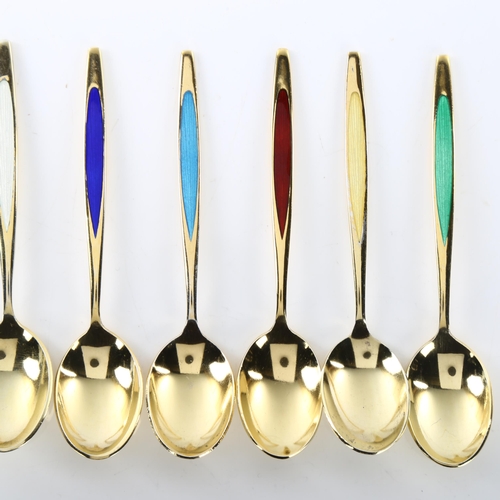 1477 - MEKA - a set of 6 Danish vermeil sterling silver and harlequin enamel coffee spoons, length 9cm