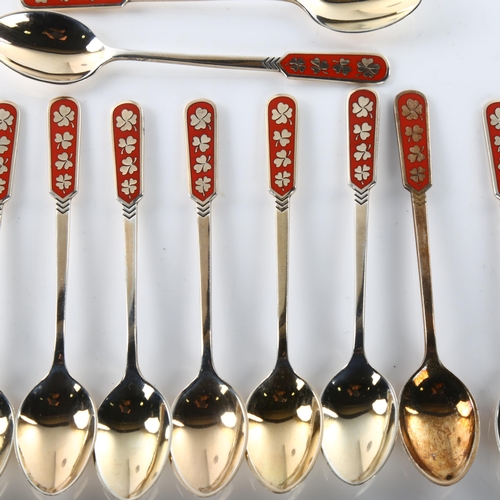 1478 - EGON LAURIDSEN - a set of 12 Danish vermeil sterling silver and red enamel coffee spoons, with shamr... 