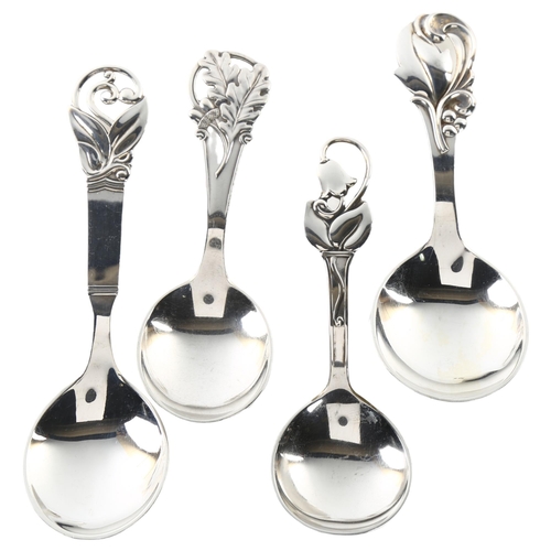 1479 - 4 Art Nouveau Danish silver caddy and preserve spoons, maker's include Carl M Cohr, largest length 1... 