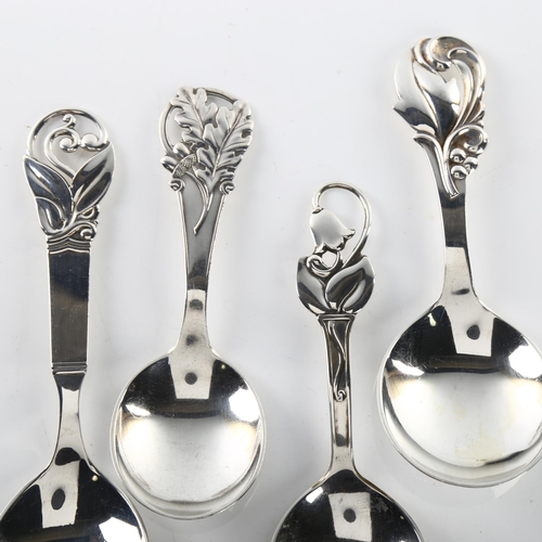 1479 - 4 Art Nouveau Danish silver caddy and preserve spoons, maker's include Carl M Cohr, largest length 1... 