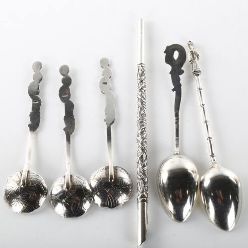 1480 - Various Chinese silver, including bamboo dip pen, dragon spoon etc, pen length 16cm