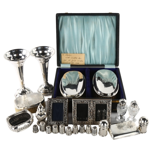 1482 - Various silver, including pair of bud vases, pair of miniature tankard pepperettes etc