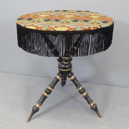 2523 - An antique ebonised Gypsy table, with turned legs and tasselled silk cover. 53x62cm