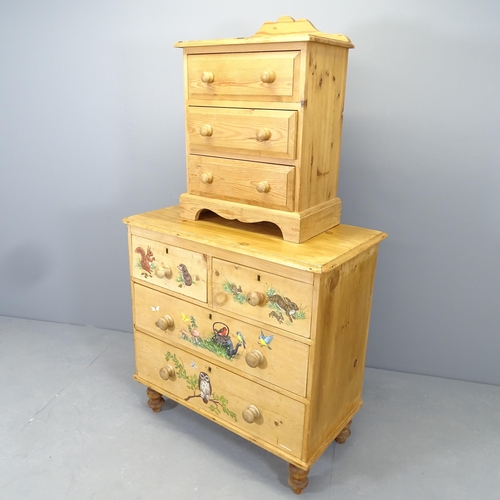 2542 - A painted pine chest of two short and two long drawers on turned legs, 86x85x47cm, and a bedside thr... 