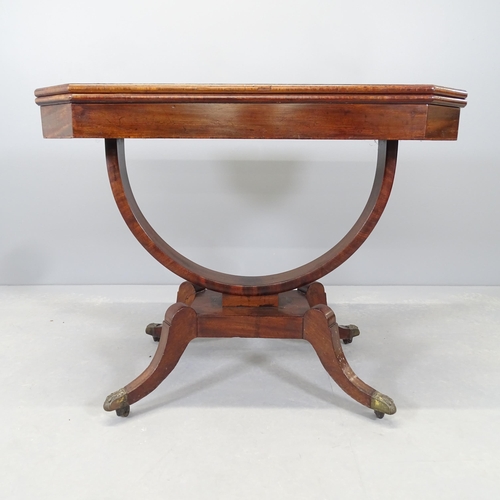 2549 - A Regency satinwood banded mahogany fold-over tea table, on demi-lune support with pedestal base. 90... 