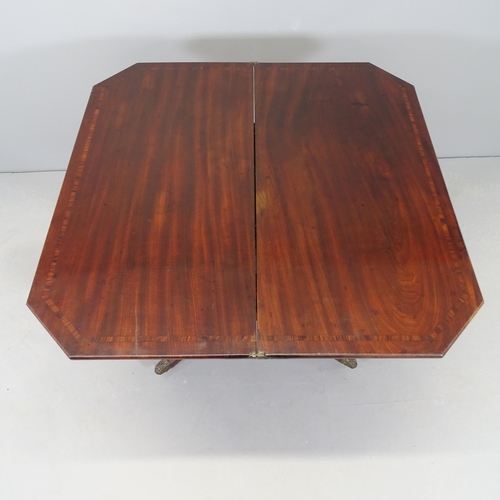 2549 - A Regency satinwood banded mahogany fold-over tea table, on demi-lune support with pedestal base. 90... 