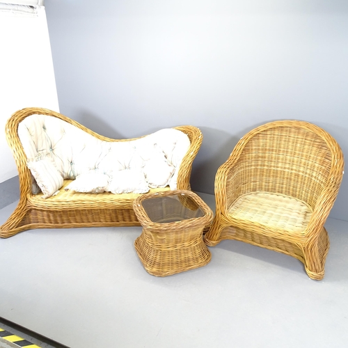 2552 - A modern wicker conservatory suite comprising a two seater sofa, matching armchair and coffee table ... 