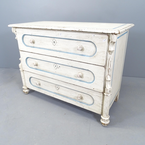 2564 - A continental painted pine three drawer chest. 107x79x51cm