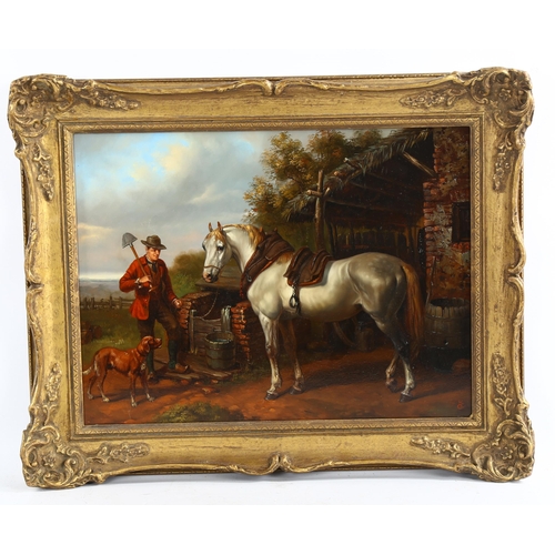 2807 - Contemporary oil on board, portrait of a man horse and dog by a stable, signed with monogram, 30cm x... 