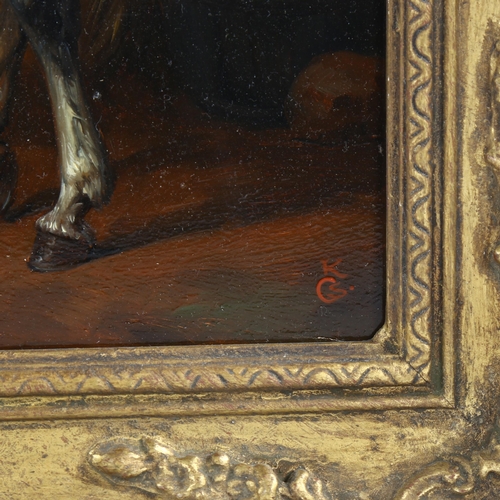 2807 - Contemporary oil on board, portrait of a man horse and dog by a stable, signed with monogram, 30cm x... 