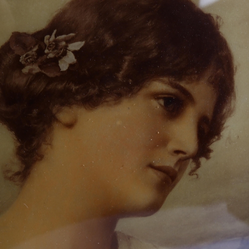 2902 - Hand coloured reverse print behind convex glass panel, portrait of a young girl, in original relief ... 