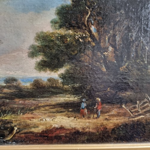 822 - 19th century English School, figures in wooded landscape, oil on canvas, unsigned, 22cm x 29cm, fram... 