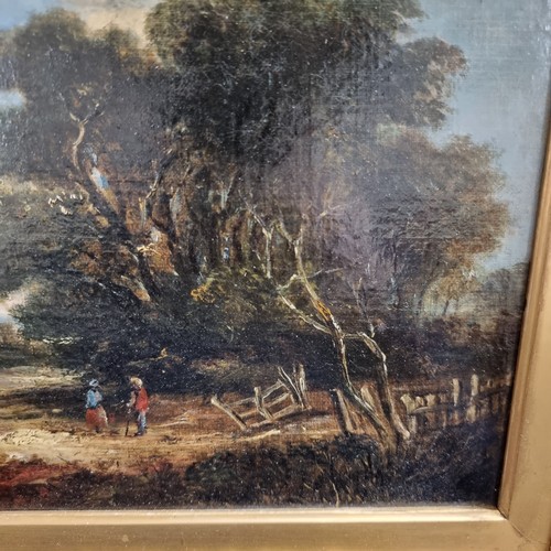 822 - 19th century English School, figures in wooded landscape, oil on canvas, unsigned, 22cm x 29cm, fram... 