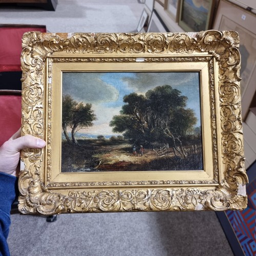 822 - 19th century English School, figures in wooded landscape, oil on canvas, unsigned, 22cm x 29cm, fram... 