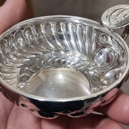 1463 - A French silver wine taster, half fluted decoration, bowl diameter 8cm, 2.1oz