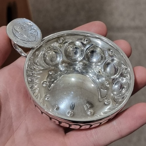 1463 - A French silver wine taster, half fluted decoration, bowl diameter 8cm, 2.1oz