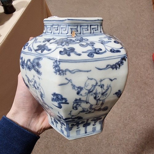 237 - A Chinese blue and white, hexagonal baluster vase, height 16cm