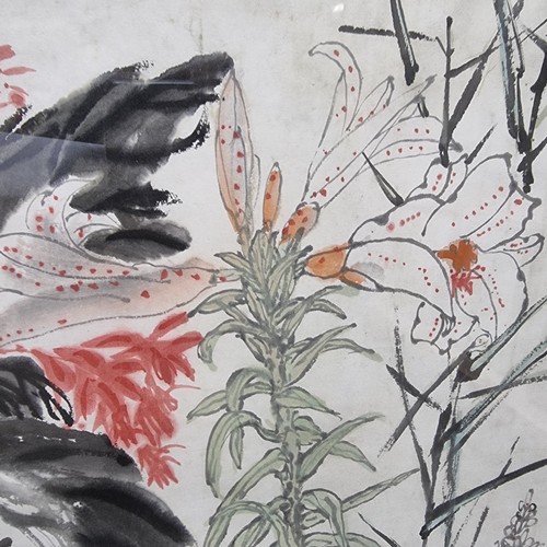 663 - Chinese School, ink and watercolour on paper, botanical study with text inscription, 80cm x 74cm, fr... 