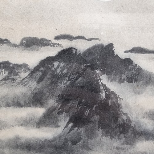 672 - A Chinese watercolour mountain-top scene, with character marks, framed, image 41cm x 28cm