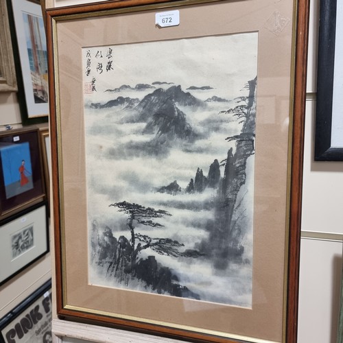 672 - A Chinese watercolour mountain-top scene, with character marks, framed, image 41cm x 28cm