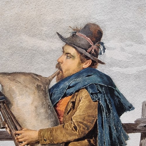 643 - Philippo Indoni, watercolour, Italian travelling musician and woman, signed, 75cm x 53cm, framed