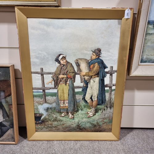 643 - Philippo Indoni, watercolour, Italian travelling musician and woman, signed, 75cm x 53cm, framed