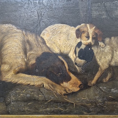 745 - 19th century oil on wood panel, hound and puppies, signed with monogram AW, 24cm x 40cm, framed