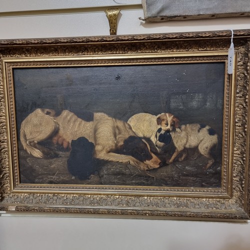 745 - 19th century oil on wood panel, hound and puppies, signed with monogram AW, 24cm x 40cm, framed