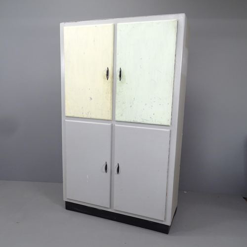 2136 - A mid century grey painted 4-door larder cupboard, with shelf fitted interior. 110x180x45cm