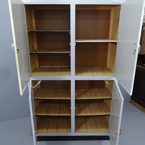 2136 - A mid century grey painted 4-door larder cupboard, with shelf fitted interior. 110x180x45cm